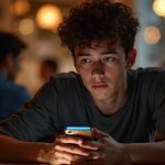 A person at a café focused on their phone, with an expression suggesting concern about privacy, surrounded by blurred patrons and warm ambient lighting.