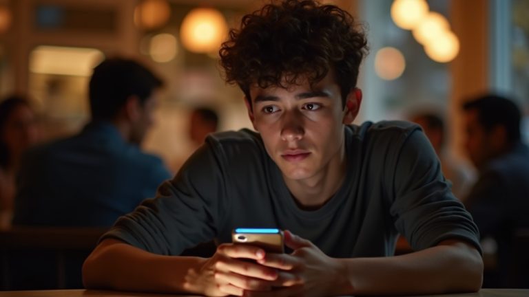 A person at a café focused on their phone, with an expression suggesting concern about privacy, surrounded by blurred patrons and warm ambient lighting.