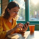 A young adult in a sunlit cafe adjusting messaging settings on their smartphone, focused and satisfied, with warm decor and cozy surroundings.