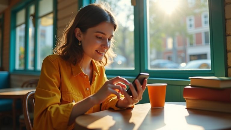 A young adult in a sunlit cafe adjusting messaging settings on their smartphone, focused and satisfied, with warm decor and cozy surroundings.