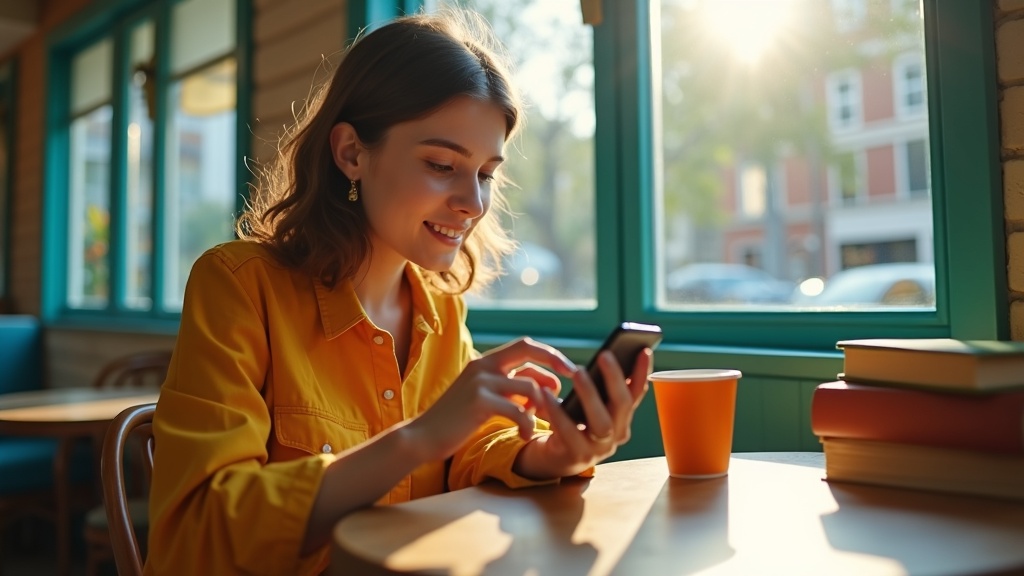 A young adult in a sunlit cafe adjusting messaging settings on their smartphone, focused and satisfied, with warm decor and cozy surroundings.