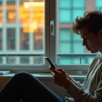 Person in a city apartment looking at their phone with curiosity and frustration, reflections and window light highlighting the moment of waiting for a message to deliver.