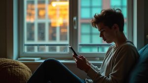 Person in a city apartment looking at their phone with curiosity and frustration, reflections and window light highlighting the moment of waiting for a message to deliver.
