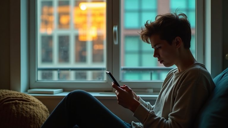 Person in a city apartment looking at their phone with curiosity and frustration, reflections and window light highlighting the moment of waiting for a message to deliver.