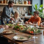 A focused adult checking their smartphone at a cluttered kitchen table in morning light, embodying the frustration and disruption of persistent spam texts.