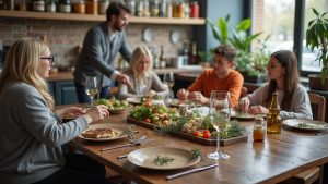 A focused adult checking their smartphone at a cluttered kitchen table in morning light, embodying the frustration and disruption of persistent spam texts.
