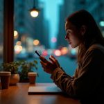 A professional uses a smartphone in a softly lit urban café, reflecting the hidden networks that power text messaging.
