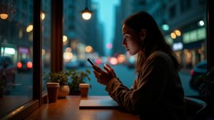 A professional uses a smartphone in a softly lit urban café, reflecting the hidden networks that power text messaging.