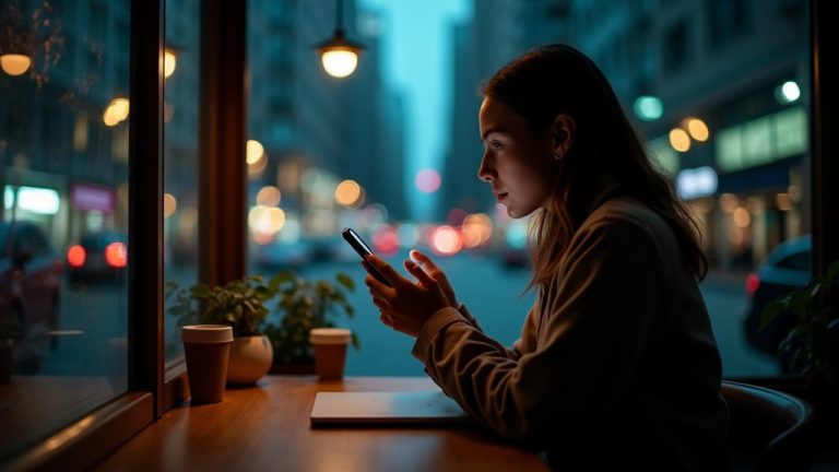 A professional uses a smartphone in a softly lit urban café, reflecting the hidden networks that power text messaging.