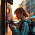 A young adult stands in golden hour light on a city street, looking at their phone with a puzzled expression amid blurred urban reflections.