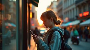 A young adult stands in golden hour light on a city street, looking at their phone with a puzzled expression amid blurred urban reflections.