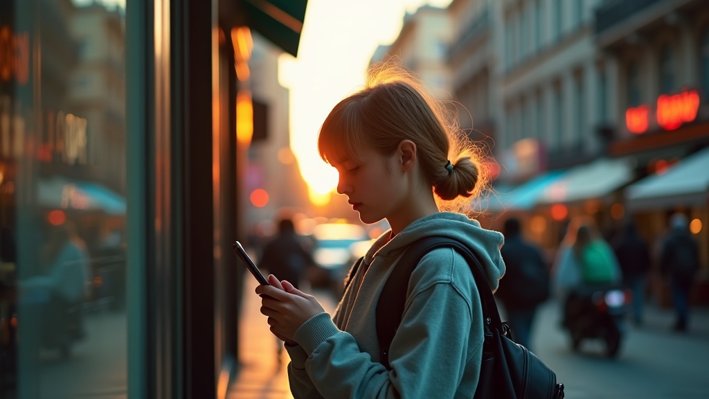 A young adult stands in golden hour light on a city street, looking at their phone with a puzzled expression amid blurred urban reflections.