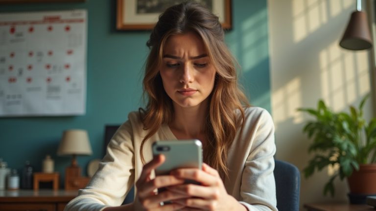 Young professional at home office focused on scheduling a text reminder on their smartphone, with a blurred calendar and cozy, sunlit decor.