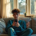 A puzzled young adult on a sofa reacts to a phone message, bathed in late afternoon light with everyday items nearby.