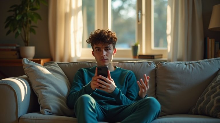 A puzzled young adult on a sofa reacts to a phone message, bathed in late afternoon light with everyday items nearby.