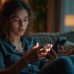 Person focusing on adjusting message privacy settings on a smartphone in a softly lit, cozy living room.