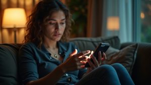 Person focusing on adjusting message privacy settings on a smartphone in a softly lit, cozy living room.