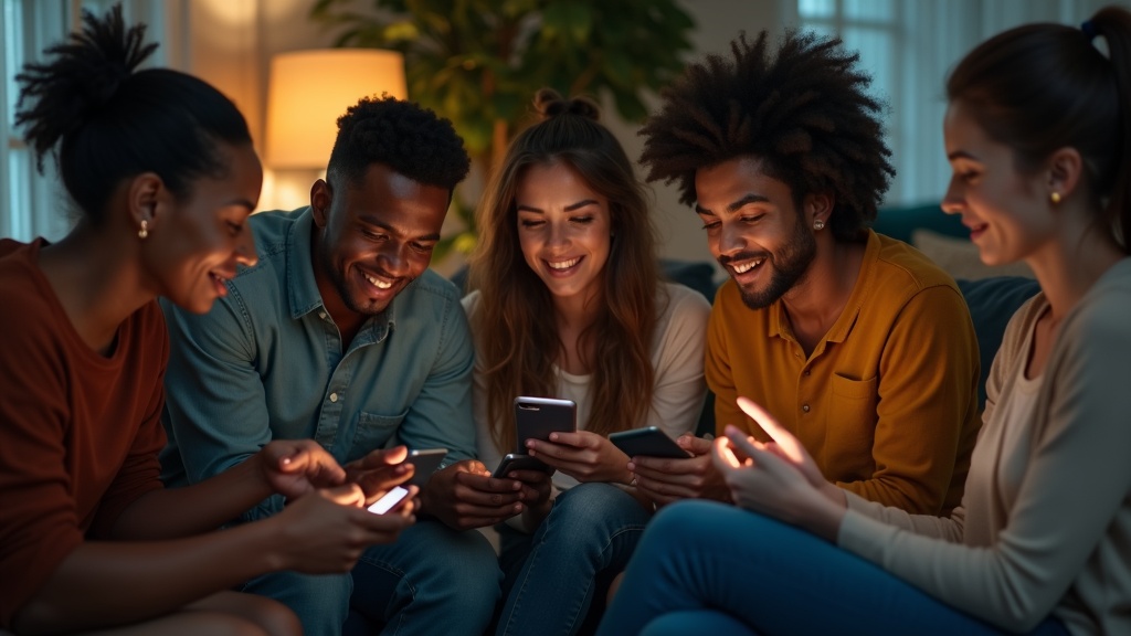 Five young adults in a warmly lit living room, each using a phone or tablet, reacting to confusing group messages with mixed emotions and focused expressions.