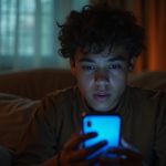 A young adult on a cozy couch engages in texting with a look of curiosity and concern, illuminated by their phone in a softly lit room.