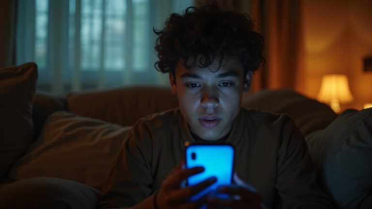 A young adult on a cozy couch engages in texting with a look of curiosity and concern, illuminated by their phone in a softly lit room.
