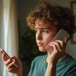 Young adult in a sunlit living room looking puzzled at their phone, thoughtfully assessing a text message delivery issue near a window with soft reflections.