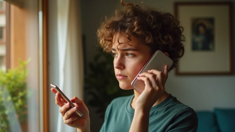 Young adult in a sunlit living room looking puzzled at their phone, thoughtfully assessing a text message delivery issue near a window with soft reflections.