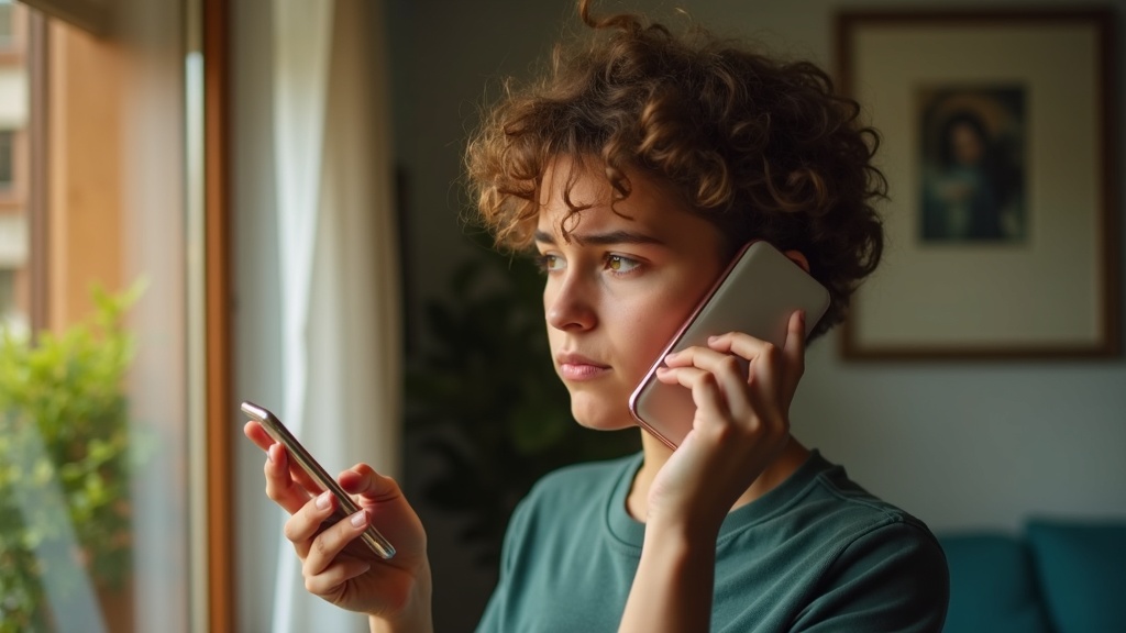 Young adult in a sunlit living room looking puzzled at their phone, thoughtfully assessing a text message delivery issue near a window with soft reflections.