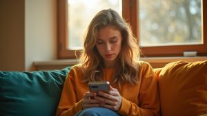 Young adult focusing on their smartphone in a sunlit living room, discovering an easy way to stop unwanted texts.