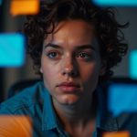 A thoughtful young adult faces projected chat bubbles in a dim, futuristic room, highlighting the complexities and barriers of free messaging app use.