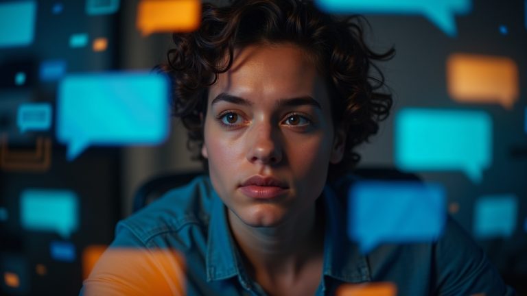 A thoughtful young adult faces projected chat bubbles in a dim, futuristic room, highlighting the complexities and barriers of free messaging app use.