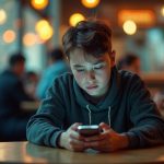 Young adult in a busy cafe focused on their phone with a confused expression, highlighting frustration with disorganized messages amid a lively environment.