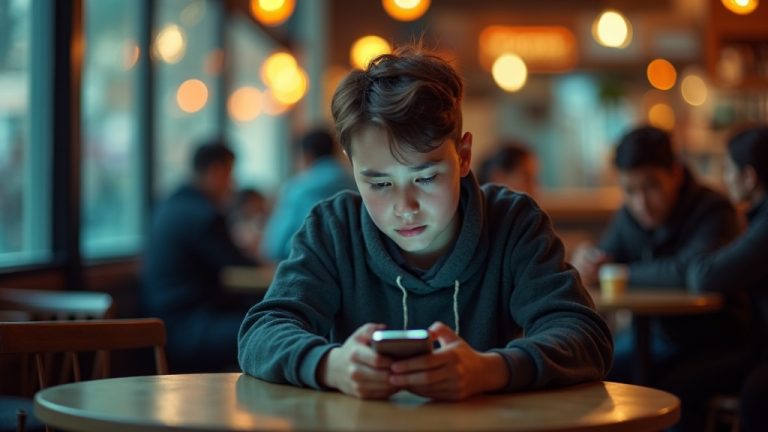 Young adult in a busy cafe focused on their phone with a confused expression, highlighting frustration with disorganized messages amid a lively environment.
