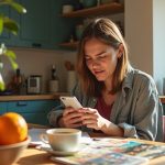 A focused adult sits at a sunlit kitchen table, surrounded by daily clutter and greenery, intently managing spam texts on their smartphone.