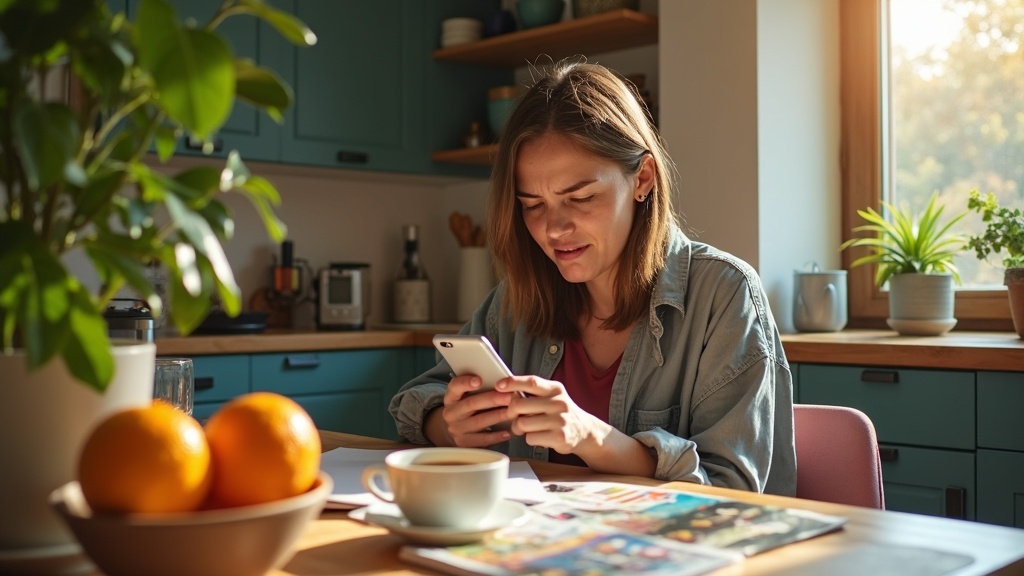 A focused adult sits at a sunlit kitchen table, surrounded by daily clutter and greenery, intently managing spam texts on their smartphone.