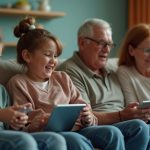 A multigenerational family in a warmly lit living room, each engaged with digital devices, reflecting diverse approaches to group communication.