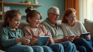 A multigenerational family in a warmly lit living room, each engaged with digital devices, reflecting diverse approaches to group communication.
