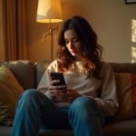 A young adult on a cozy, softly lit sofa looks thoughtfully at their phone in the warm afternoon light, hinting at a first experience with secure messaging.
