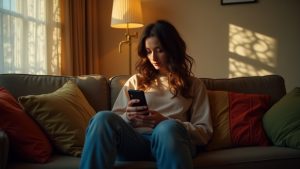 A young adult on a cozy, softly lit sofa looks thoughtfully at their phone in the warm afternoon light, hinting at a first experience with secure messaging.