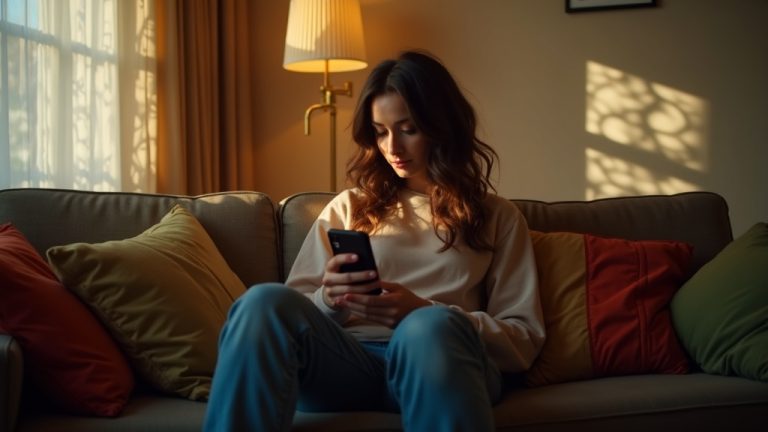 A young adult on a cozy, softly lit sofa looks thoughtfully at their phone in the warm afternoon light, hinting at a first experience with secure messaging.