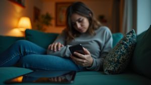 Person leaning forward on a teal couch in warm evening light, concentrating on their phone with a tablet beside them, reflecting the careful process of backing up messages.