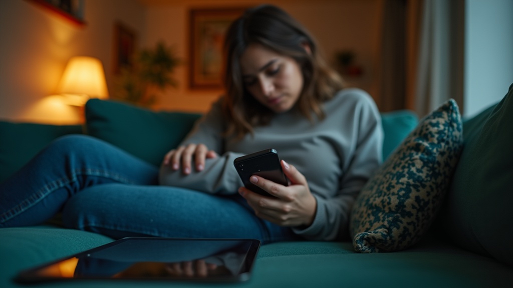 Person leaning forward on a teal couch in warm evening light, concentrating on their phone with a tablet beside them, reflecting the careful process of backing up messages.