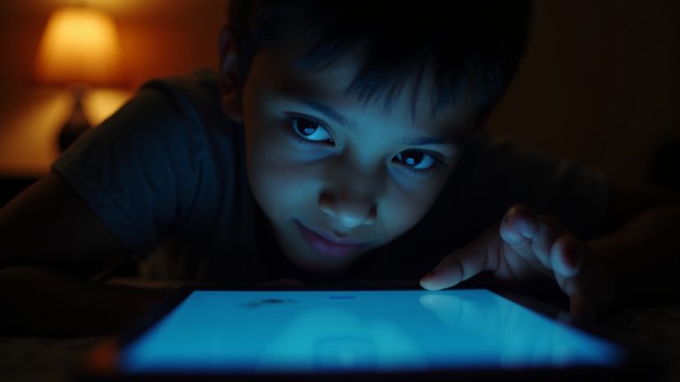 A young adult in a dimly lit room glances contemplatively at a glowing device screen, highlighting privacy concerns in messaging apps.
