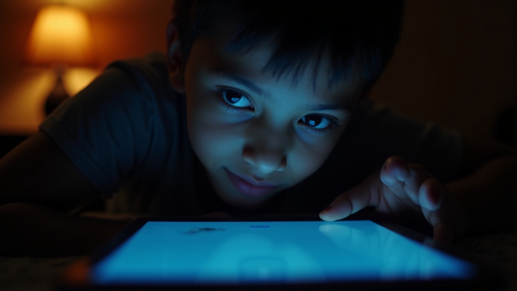 A young adult in a dimly lit room glances contemplatively at a glowing device screen, highlighting privacy concerns in messaging apps.