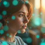 A young adult in warm light studies their smartphone behind a translucent digital barrier, highlighting concerns about app data privacy.