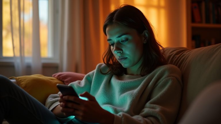 A young adult, looking concerned, reviews messages on a smartphone in a warmly lit living room, emphasizing the importance of not losing important conversations.