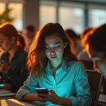 Office workers reacting differently to incoming group text messages, illuminated by phone screens and afternoon sunlight.